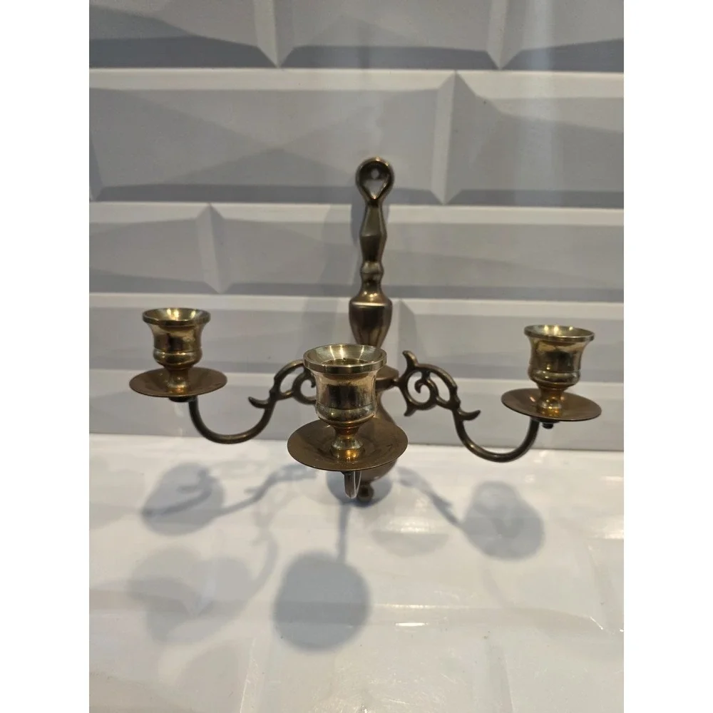2 Vintage Brass 3 Arm Colonial Wall Sconce Candle Holders Pair 9
